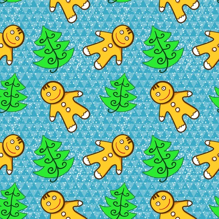 Vector christmas seamless pattern with cute gingerbread men and fir-tree on geometric backgroundのイラスト素材