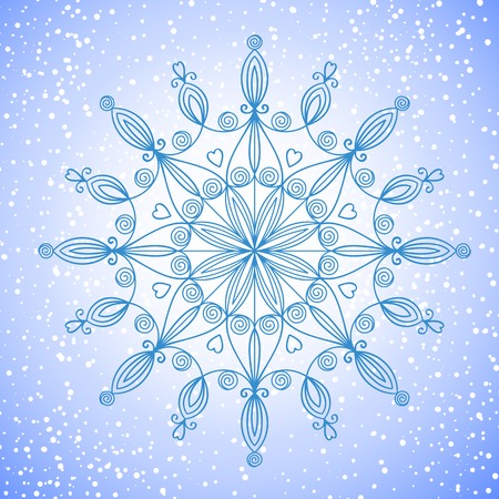 Beautiful complex large snowflake, vector illustration on background falling snowのイラスト素材