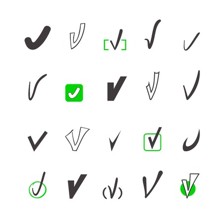 Vector set of different tick, agreement, approval of typographic symbol, black and white illustrationのイラスト素材