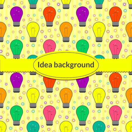 Vector background with light bulb element ideas in flat style and ribbon and label with space for textのイラスト素材