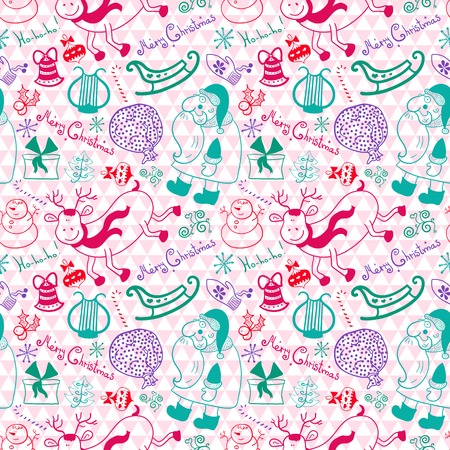 Christmas vector seamless pattern with thematic doodle elements on geometric backgroundのイラスト素材