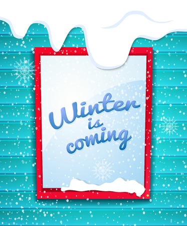 Rectangular window outside house in winter, falling snow, beautiful inscription, winter is coming, vector illustrationのイラスト素材