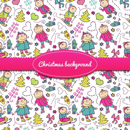 Christmas background with doodle funny children and ribbon and label, winter recreationのイラスト素材