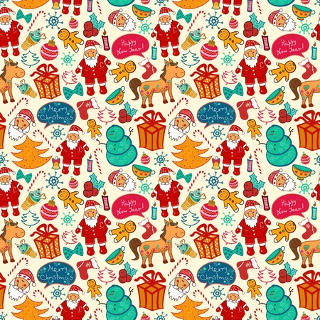 Christmas vector seamless pattern with colorful doodle elementsのイラスト素材