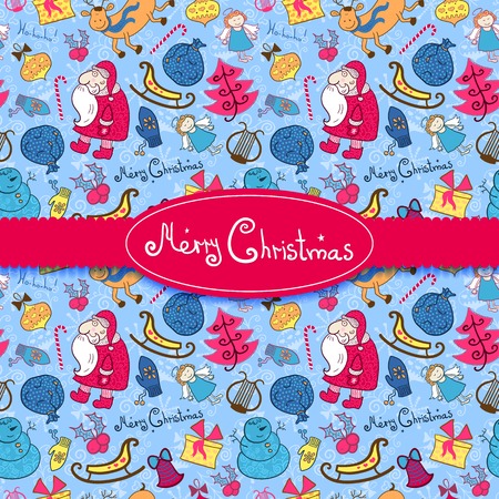 Christmas vector colorful seamless pattern with doodle elements and beautiful ribbon and labelのイラスト素材