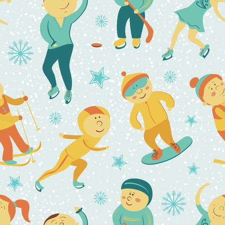 Winter Sports seamless pattern with children, vector illustration in doodle styleのイラスト素材