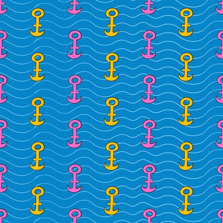 Vector seamless pattern with colorful anchors on blue ocean background in doodle styleのイラスト素材