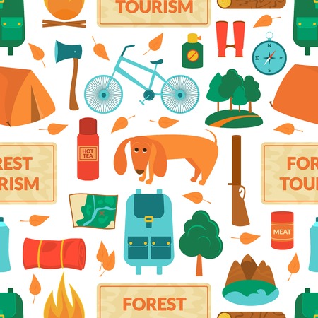 Camping equipment, forest tourism, vector colorful  seamless pattern in flat styleのイラスト素材