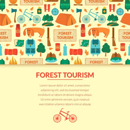 Camping equipment, forest tourism, vector colorful  background in flat style with space for textのイラスト素材