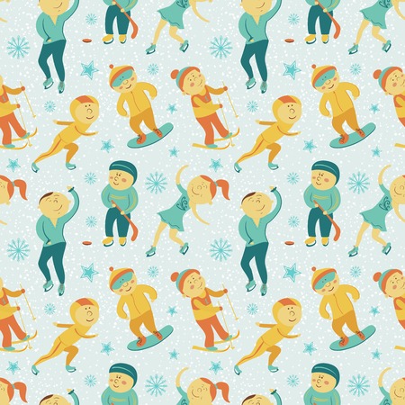 Winter Sports seamless pattern with children, vector illustration in doodle styleのイラスト素材