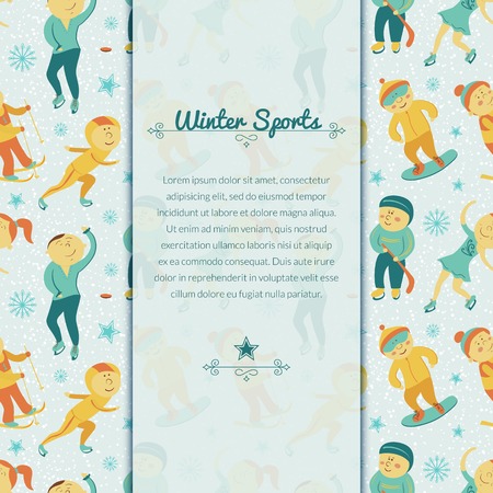 Winter Sports background with children, vector illustration in doodle style with space for textのイラスト素材