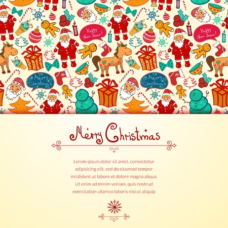 Christmas vector seamless pattern with colorful doodle elements and horizontally space for textのイラスト素材