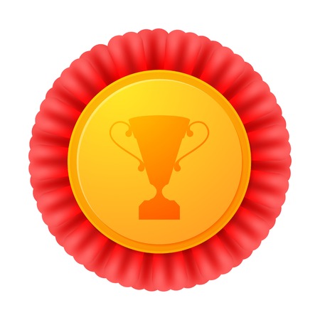 Vector medal, realistic golden label with red ribbons and image of cupのイラスト素材