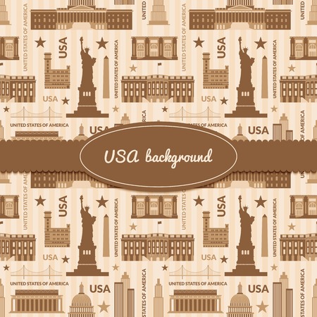 Landmarks of United States of America vector monochrome background with ribbon and label with space for textのイラスト素材