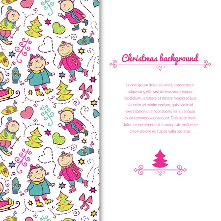Christmas background with doodle funny children and vertically space for text, winter recreationのイラスト素材