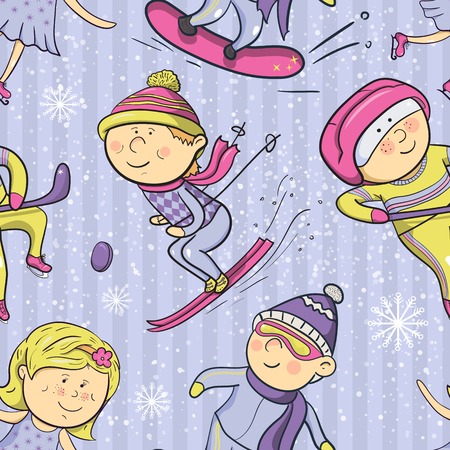 Winter sports, vector ilustration with cartoon sportsmen seamless patternのイラスト素材