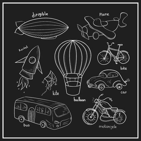 Sketches means of transport, black and white vector illustrationのイラスト素材