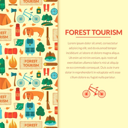 Camping equipment, forest tourism, vector colorful  background in flat style with space for textのイラスト素材
