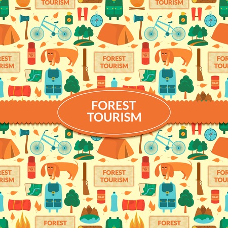 Camping equipment, forest tourism, vector colorful  background in flat style with ribbon and label for textのイラスト素材