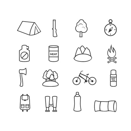 Camping equipment, forest tourism, vector outline icons set in flat styleのイラスト素材