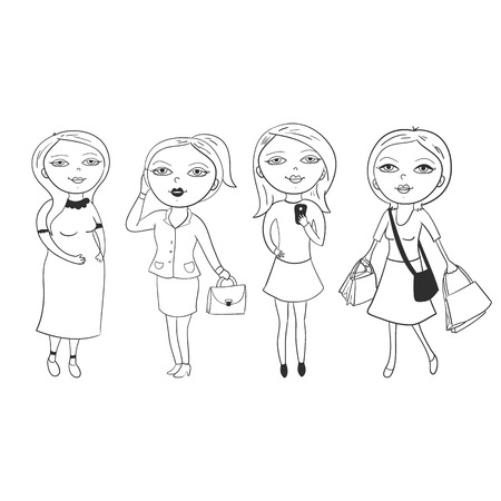 Set of outline black and white beautiful girls in different roles isolated from backgroundのイラスト素材