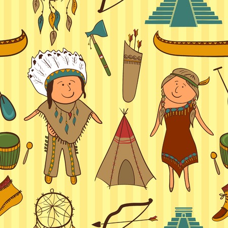 Native American, Indian culture vector seamless pattern in cartoon styleのイラスト素材