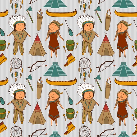 Native American, Indian culture vector seamless pattern in cartoon styleのイラスト素材