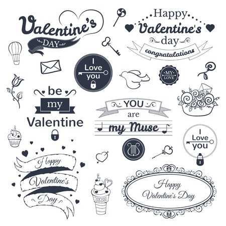 Valentines Day typography set, vector illustration, vintage letteringのイラスト素材