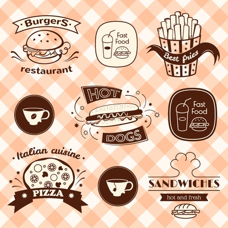 Fast food signs set, retro typography, restaurant logosのイラスト素材