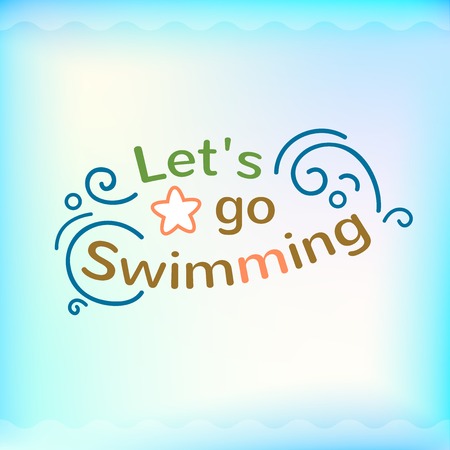 Summer colorful sign, let us go swimming, retro typography, sea and beach logo on water backgroundのイラスト素材