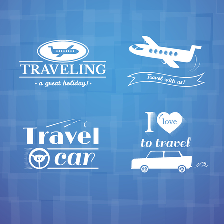 Travel logo and label set, typography design, trip and flight vector illustration on orange backgroundのイラスト素材