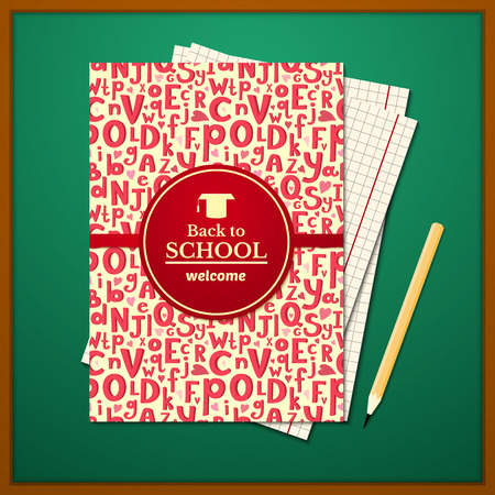 school brochure with cartoon alphabet, two sheets of notebook paper and pencil on school board backgroundのイラスト素材