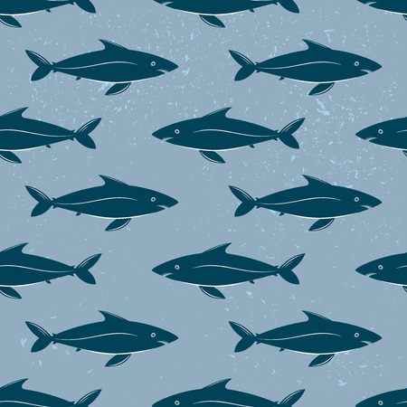 Fishes seamless pattern, old illustration with blue shark swimming in a horizontal direction and cracks and dust, illustrationのイラスト素材
