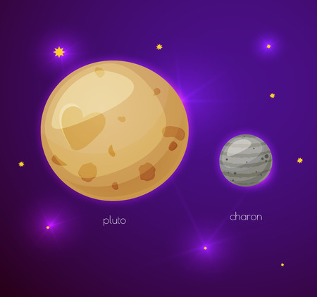 Pluto and its moon Charon, space objects in cartoon style on space background with starsのイラスト素材