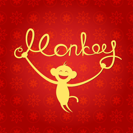 Chinese New Year of the Monkey, vector illustration with calligraphy inscription and a cute monkey smiling, holiday typography on traditional Chinese backgroundのイラスト素材