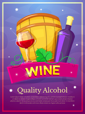 Wine advertising poster, vector illustration with a bottle of alcoholのイラスト素材