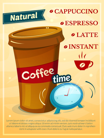 Coffee time concept design, poster with a plastic cup of coffee and a ringing alarm clock, coffee logo, vector illustrationのイラスト素材