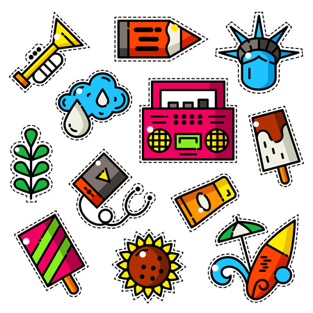 Set of different bright patches on clothes for the young, trandy colorful accessories vector illustrationのイラスト素材