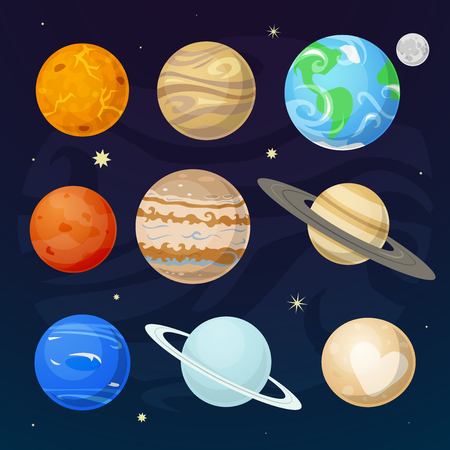 Icons of the planet of the solar system on night sky pattern with stars, vector illustrationのイラスト素材