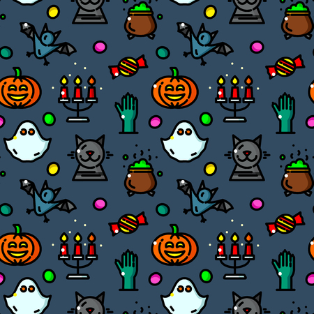 Halloween seamless pattern with objects in line style, children vector illustrationのイラスト素材