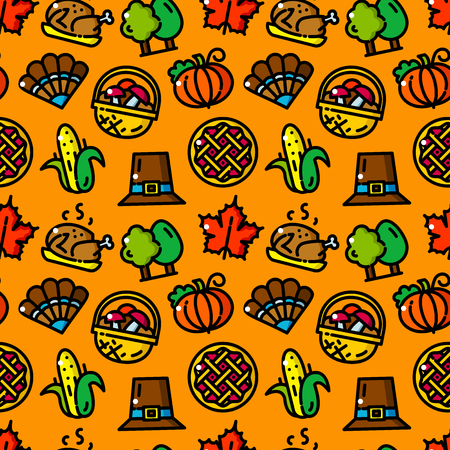 Thanksgiving Day seamless pattern with objects in line style, holiday vector illustrationのイラスト素材