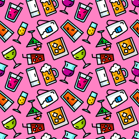 Beverages seamless pattern with objects in line style, drinks vector illustrationのイラスト素材