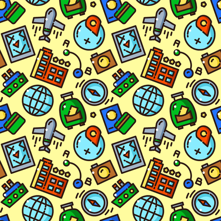 Travel seamless pattern with objects in line style, trasportation vector illustrationのイラスト素材