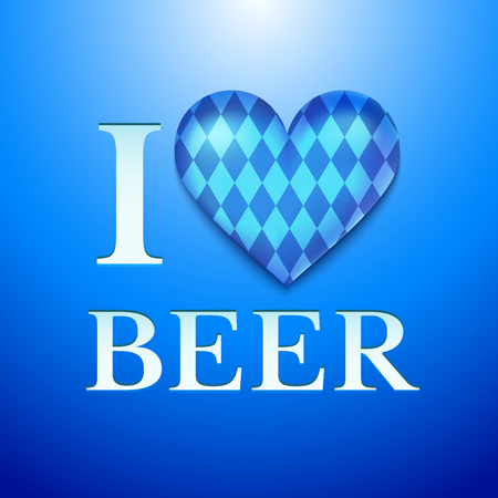 I love beer vector illustration, heart with blue and white rhombus pattern and text on blue gradient background.のイラスト素材