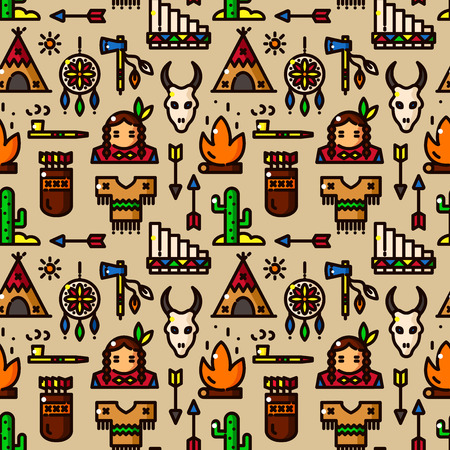 American indian seamless pattern with objects in line style, vector illustrationのイラスト素材