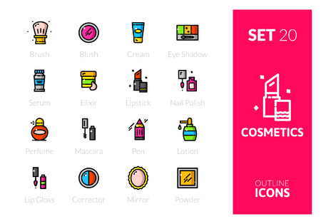 Outline color icons set in thin modern design style, flat line stroke vector symbols - cosmetics makeup collectionのイラスト素材