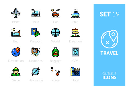 Outline color icons set in thin modern design style, flat line stroke vector symbols - travel collectionのイラスト素材