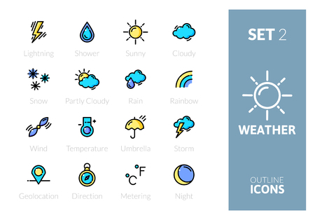 Outline color icons set in thin modern design style, flat line stroke vector symbols - weather forecast collectionのイラスト素材