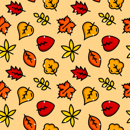 Autumn Leaves seamless pattern with objects in line style, fall vector illustrationのイラスト素材
