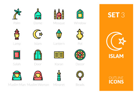 Outline color icons set in thin modern design style, flat line stroke vector symbols - Islam muslim collectionのイラスト素材